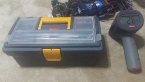RC toolbox with common tools and speed-measuring equipment